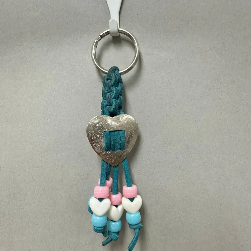 Vintage 90s handmade suede leather‎ and bead macrame Keychain heart concho boho